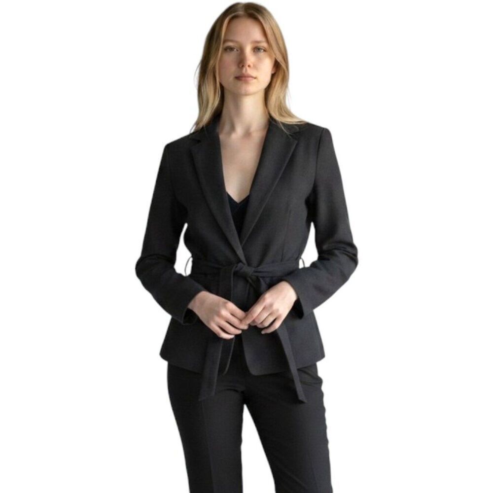 Donna Karan Collection Black Wool Belted Blazer Tie Waist Designer Jacket XS